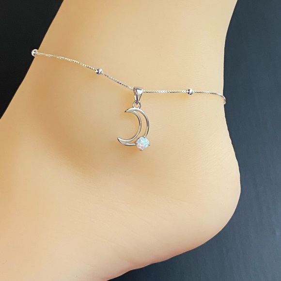 Sterling Silver Opal Moon Anklet - Picture 2 of 10